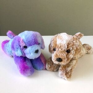 Aurora Puppy Dogs 8” Flopsie Bean Plush Set of 2 Rainbow Tie-Dye & Frosted Tan